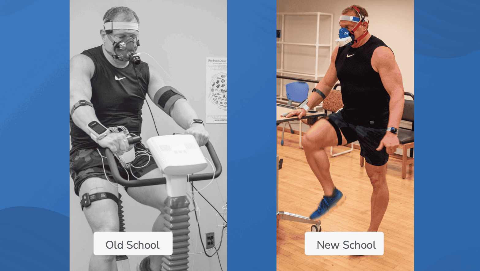 CRF Assessment - Old School/New School method showing two men.  One on bike, another using the wireless Vo2 Master kit.